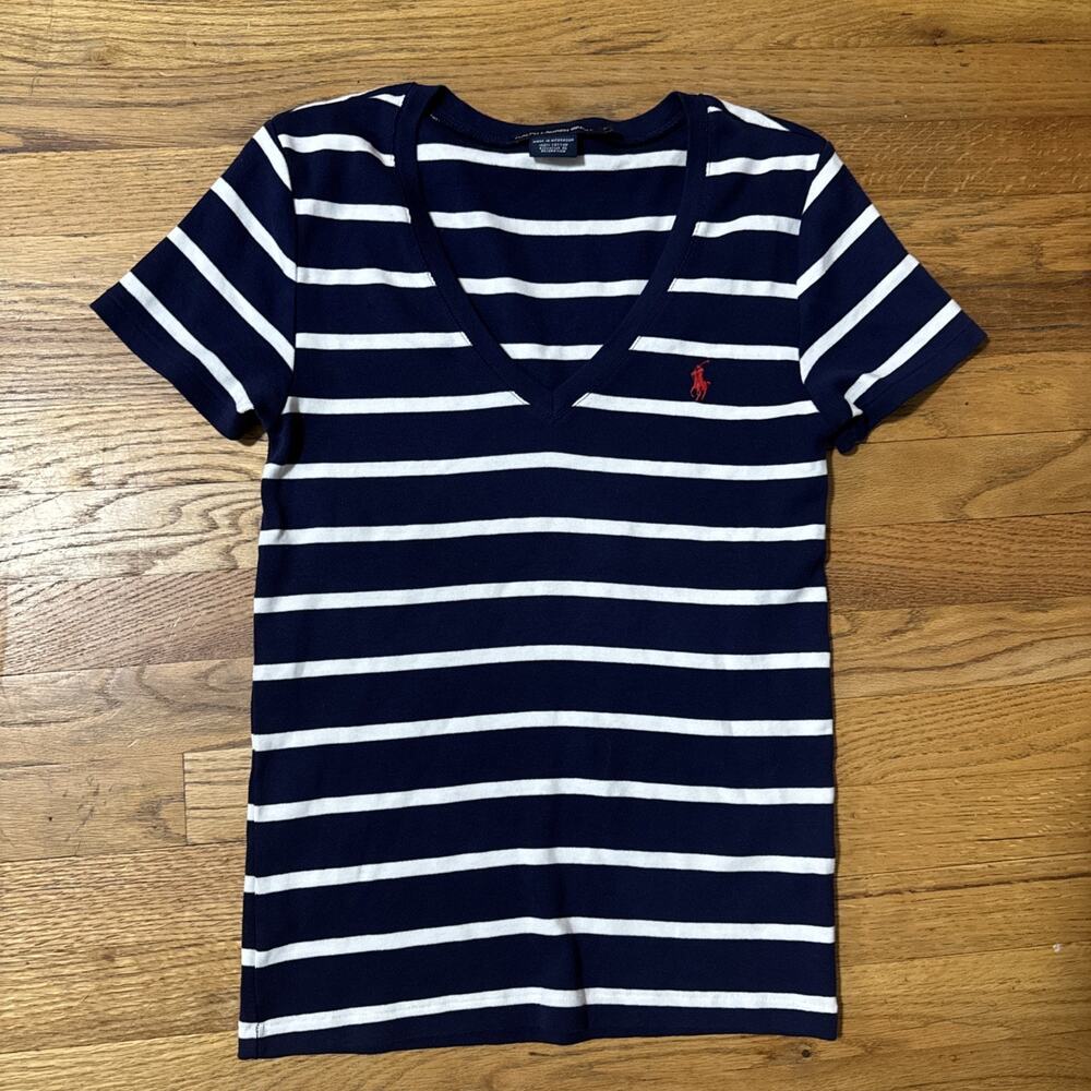 Ralph Lauren Sport Women’s L Navy V-Neck T-Shirt Cotton Short Sleeve Red Pony